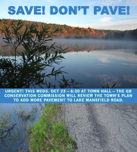 Urgent! 6:30 Weds. Oct 23 at Town Hall- The GB Conservation Commission will review the town's plan to add more pavement to Lake Mansfield Road