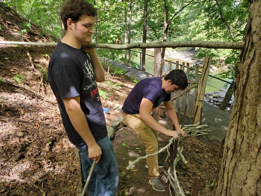 Saplings are woven together in courses to create a sturdy structure.