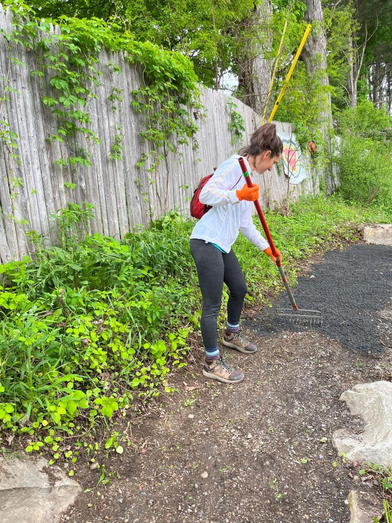Then raked to create a smooth top-dressing that will be compacted by the feet of our many trail visitors.